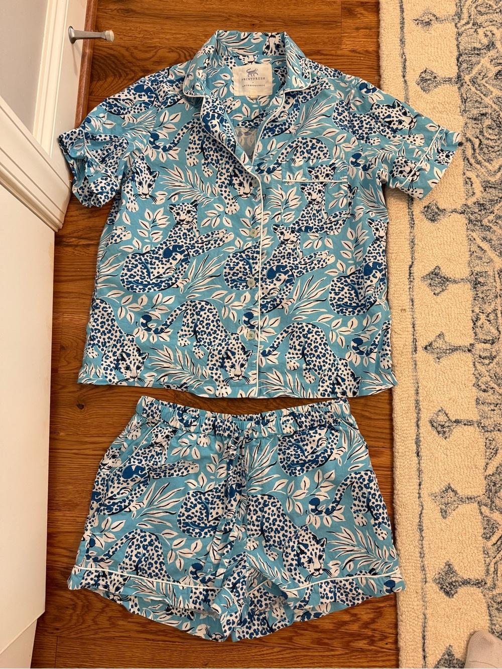 Printfresh x Anthropologie Pajama Shorts and Top Set Blue Cheetah print size XS